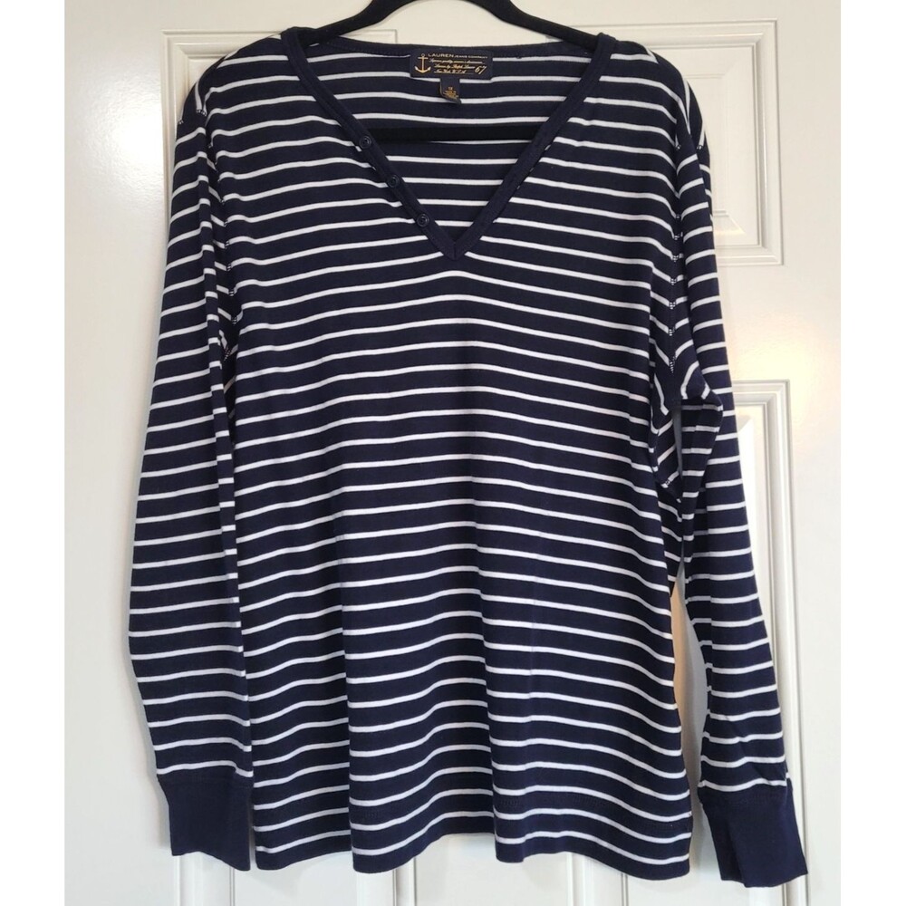 Vtg Womens 1X Lauren Jeans Co Ralph Lauren Striped Top Blue White Nautical VNeck